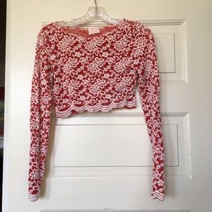 Cropped red mesh top with embroidered rose detail